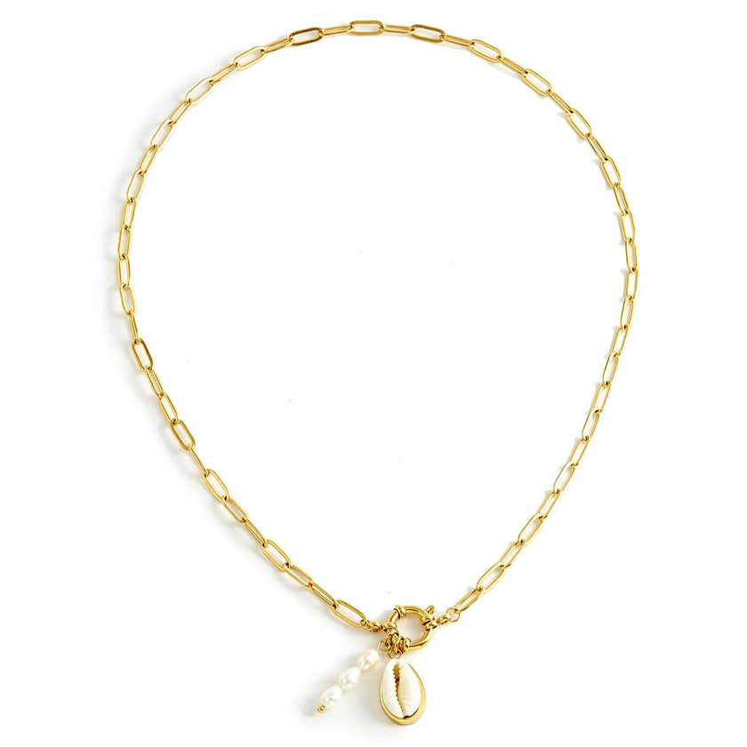Cowrie & Pearl Paperclip Necklace