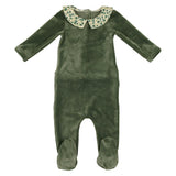 Boy's Velour Floral Peter Pan Collar Long Sleeve Footie
