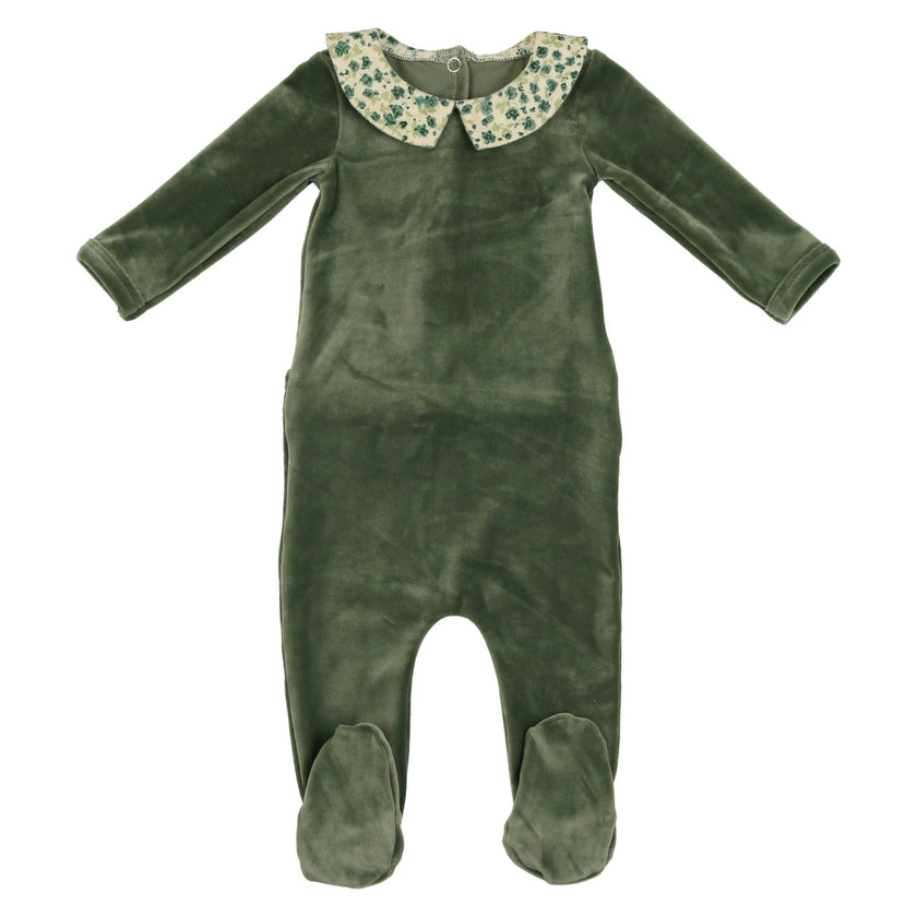 Boy's Velour Floral Peter Pan Collar Long Sleeve Footie