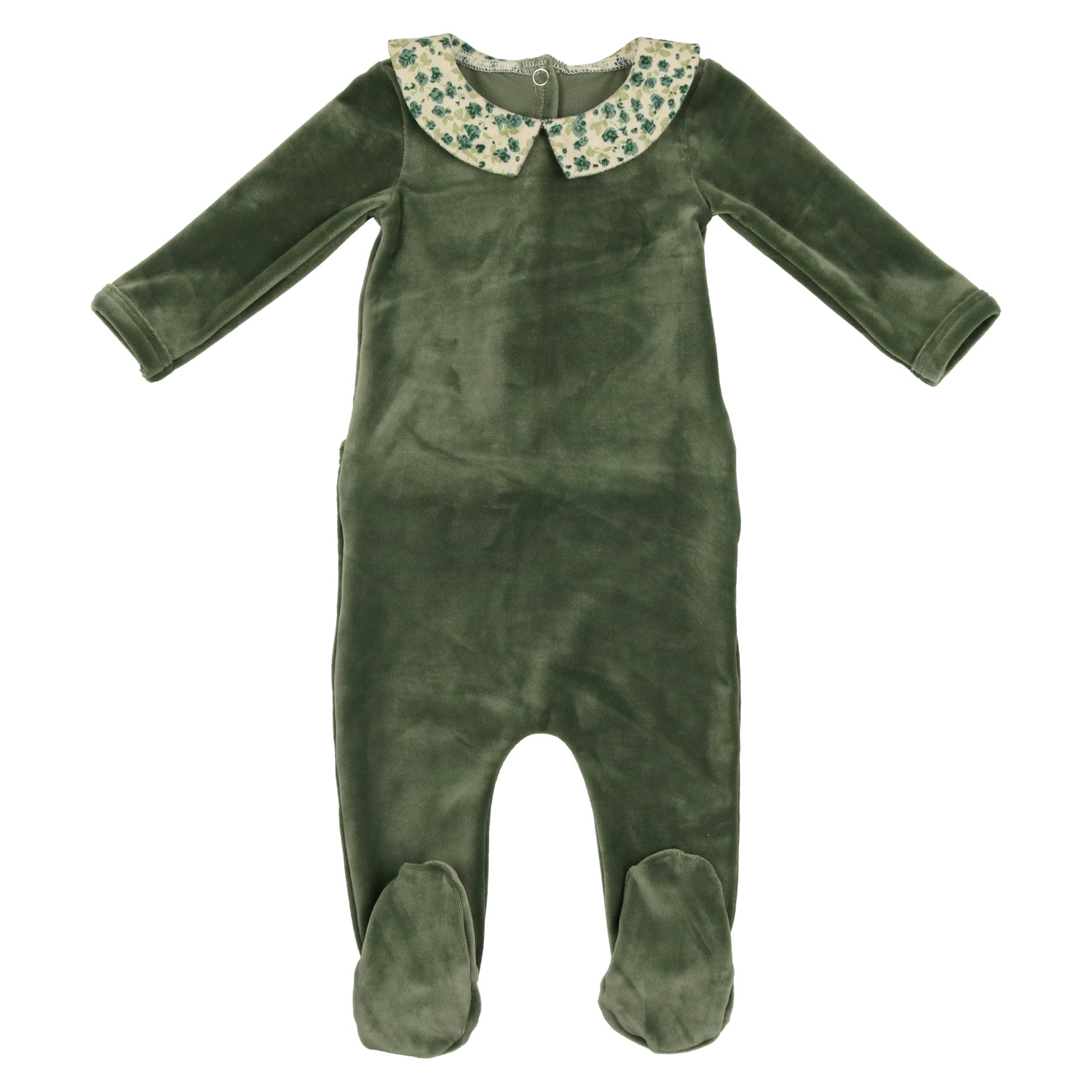 Boy's Velour Floral Peter Pan Collar Long Sleeve Footie
