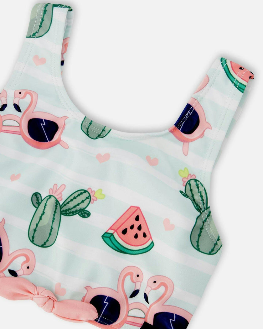 Two-Piece Swimsuit Blue Flamingo And Cactus Print