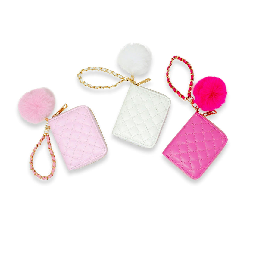 Quilted Wallet with Pom-Pom & Chain Strap