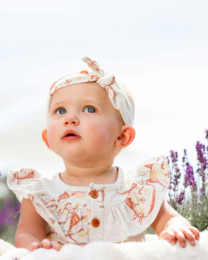 Organic Cotton Headband Heather Beige With Printed Cat