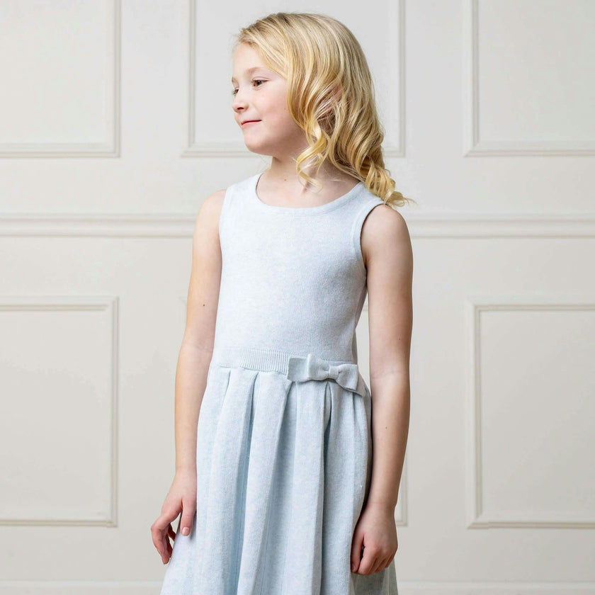 Organic Sleeveless Pleated Sweater Dress with Bow, Blue