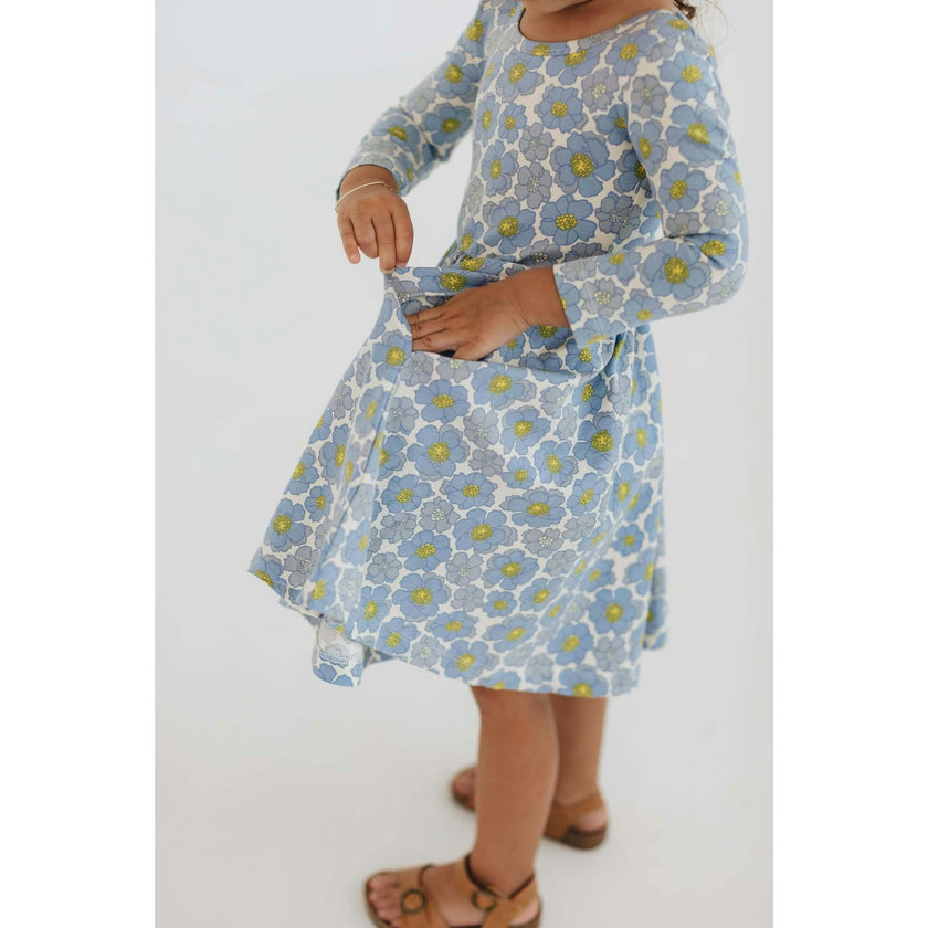 3/4 Sleeve Twirl Dress in Periwinkle Meadow