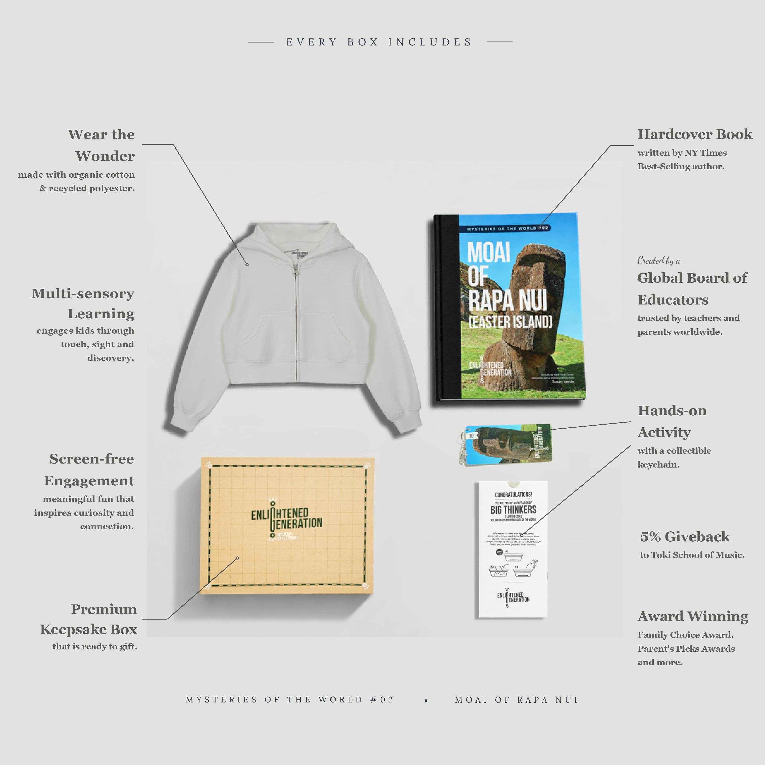 Moai Gift Box with Hidden Graphic Kids Cropped Zip-Up Hoodie, Book, and Activities