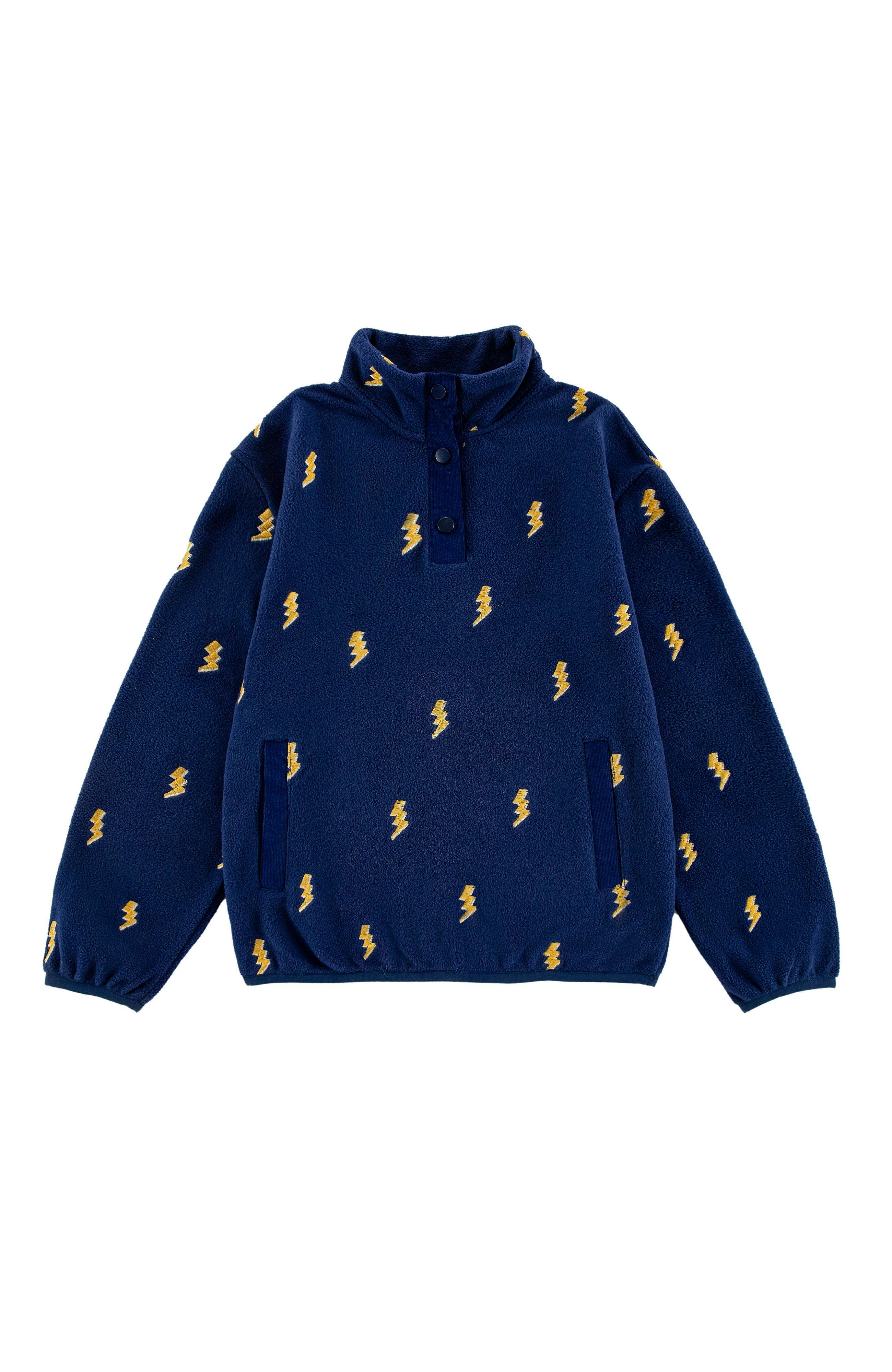 Embroidered Pull Over Polar Fleece, Navy Lightning Bolt