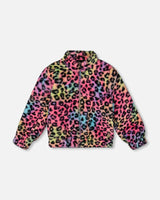 Faux Fur Zipped Jacket Multicolor Leopard