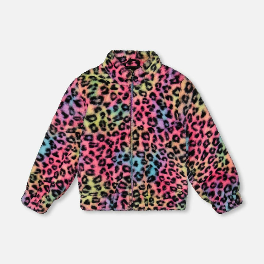 Faux Fur Zipped Jacket Multicolor Leopard