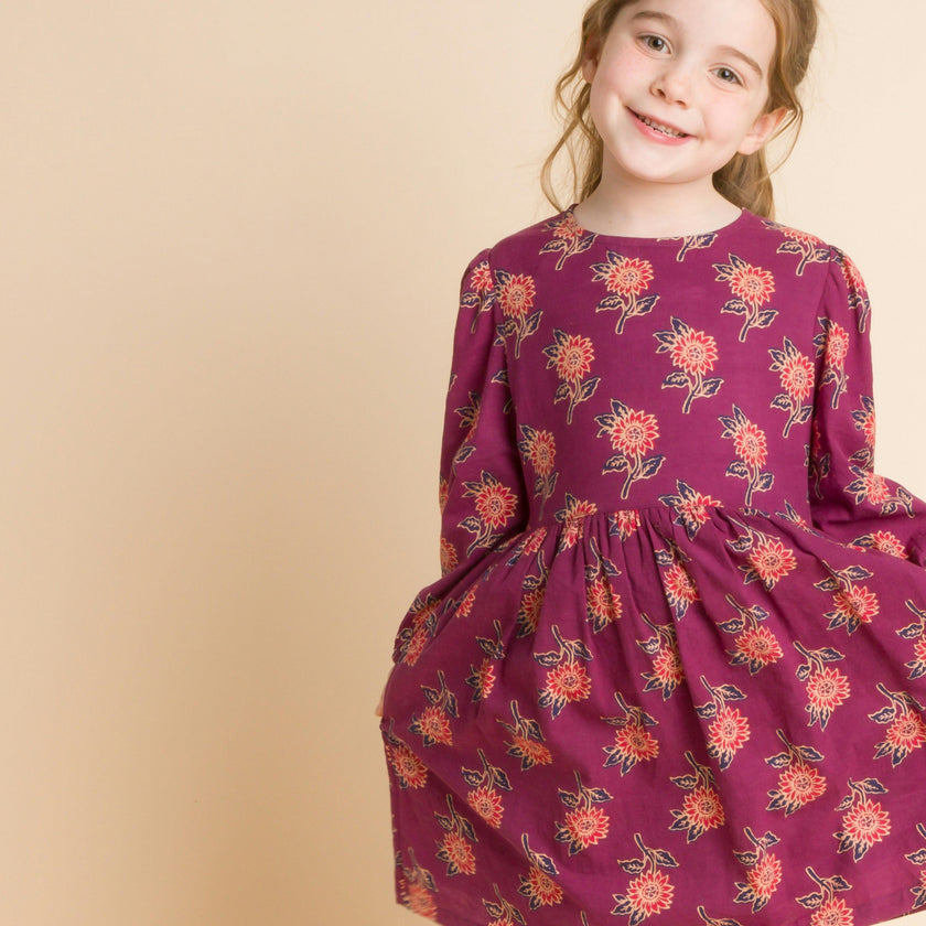 Girls' Long Sleeve Dress with Floral Motif