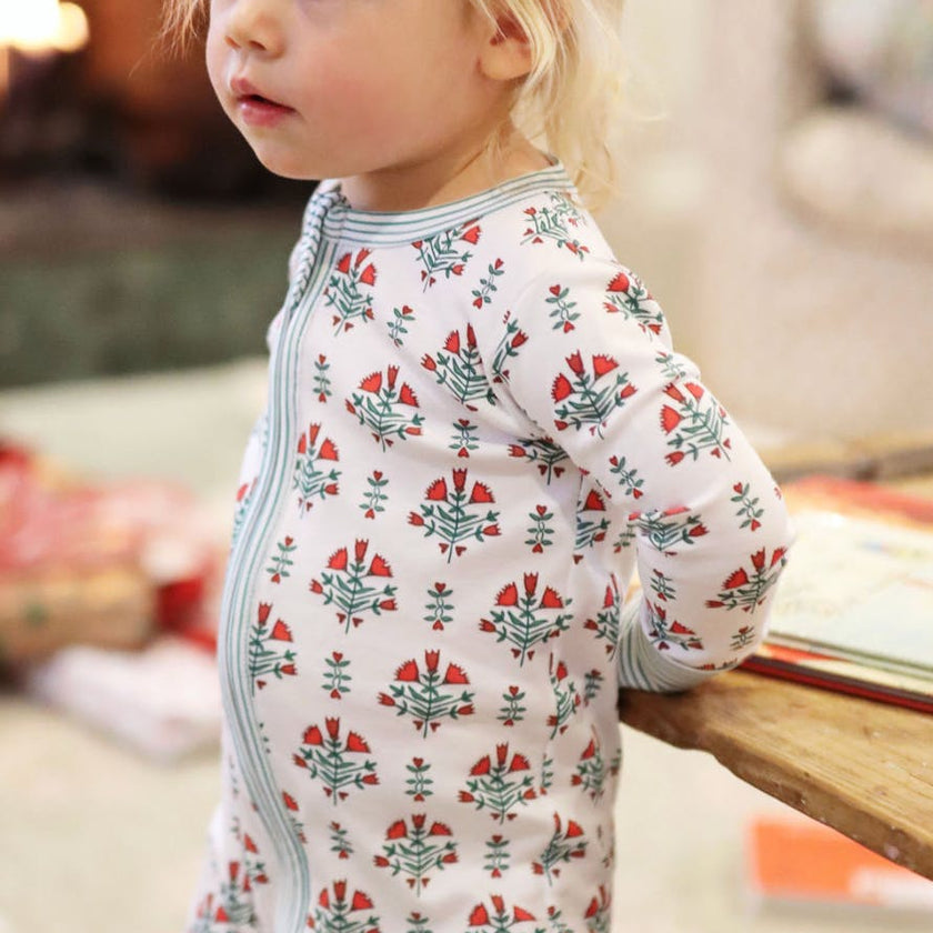 Poinsettia Block Print Zip Baby Onesie
