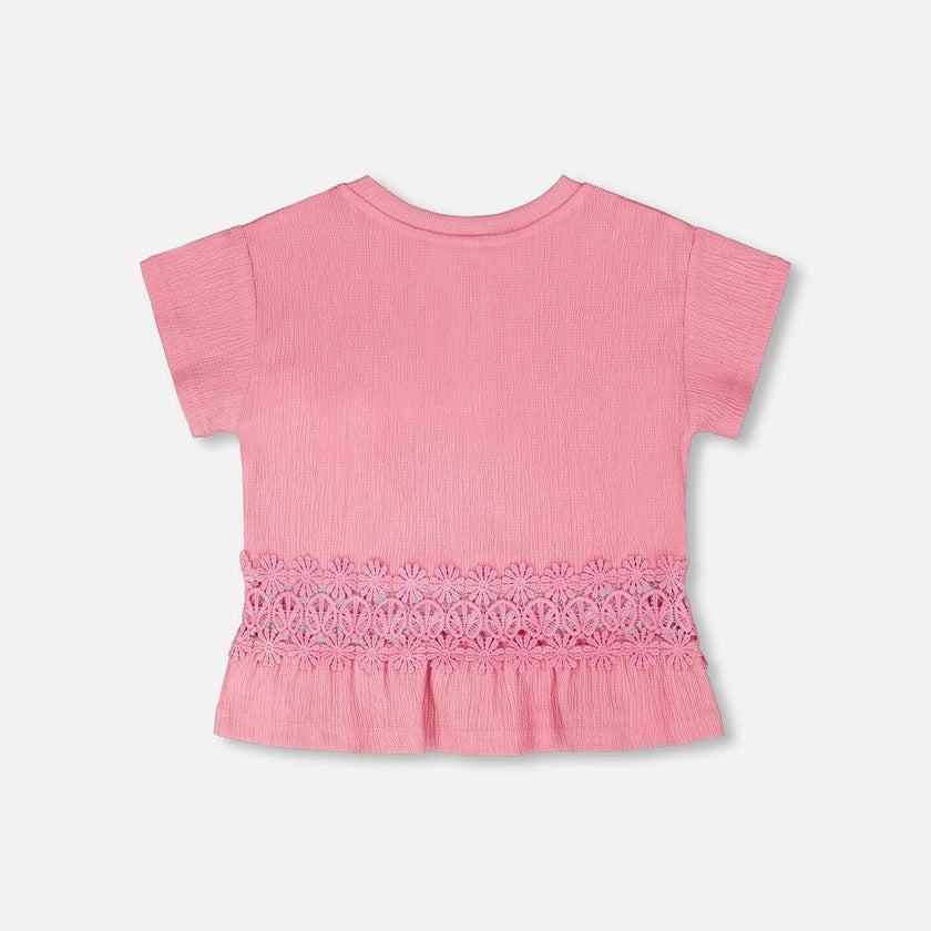Crinkle Jersey Long T-Shirt With Crochet Insert