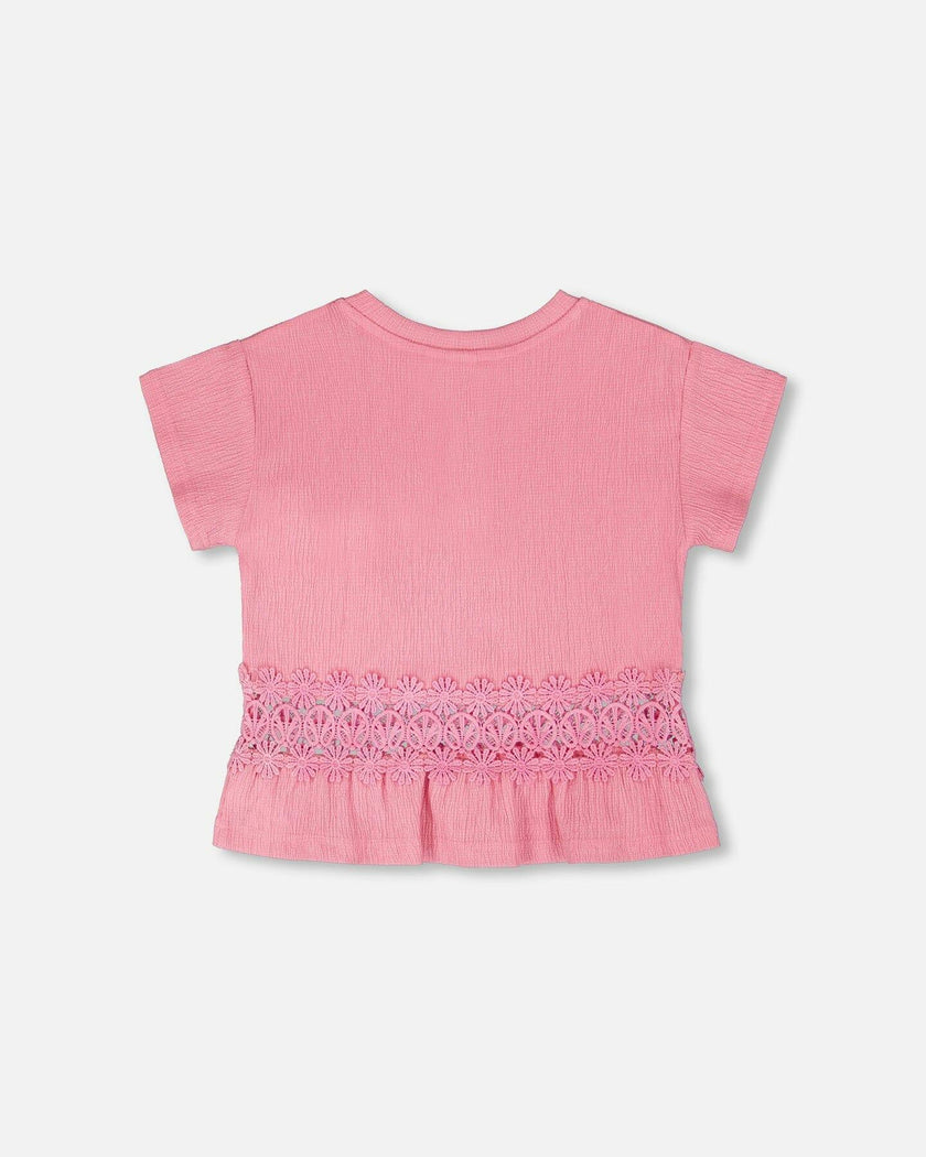 Crinkle Jersey Long T-Shirt With Crochet Insert