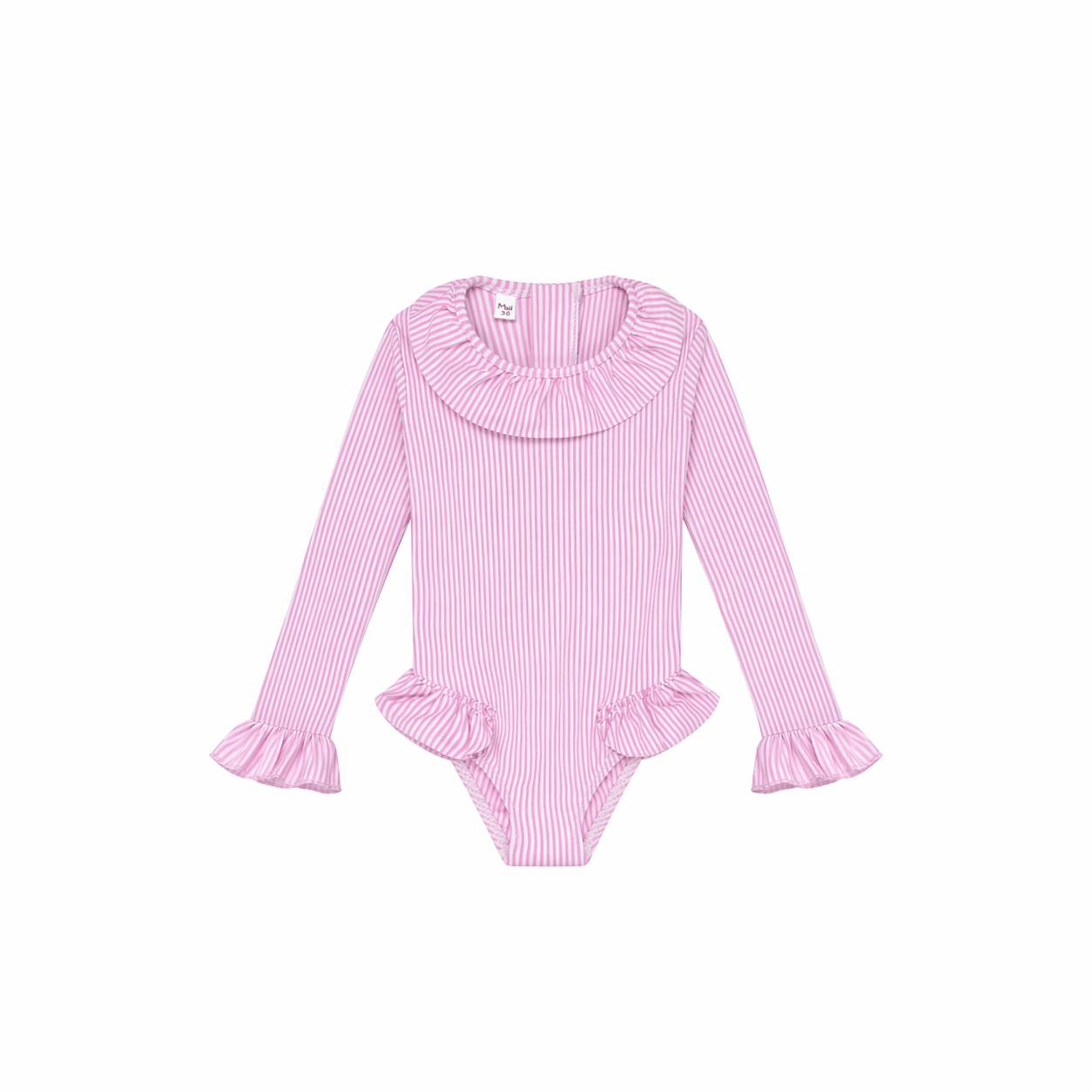 Girls' long-sleeved swimsuit with lilac stripes | CANDY BABY