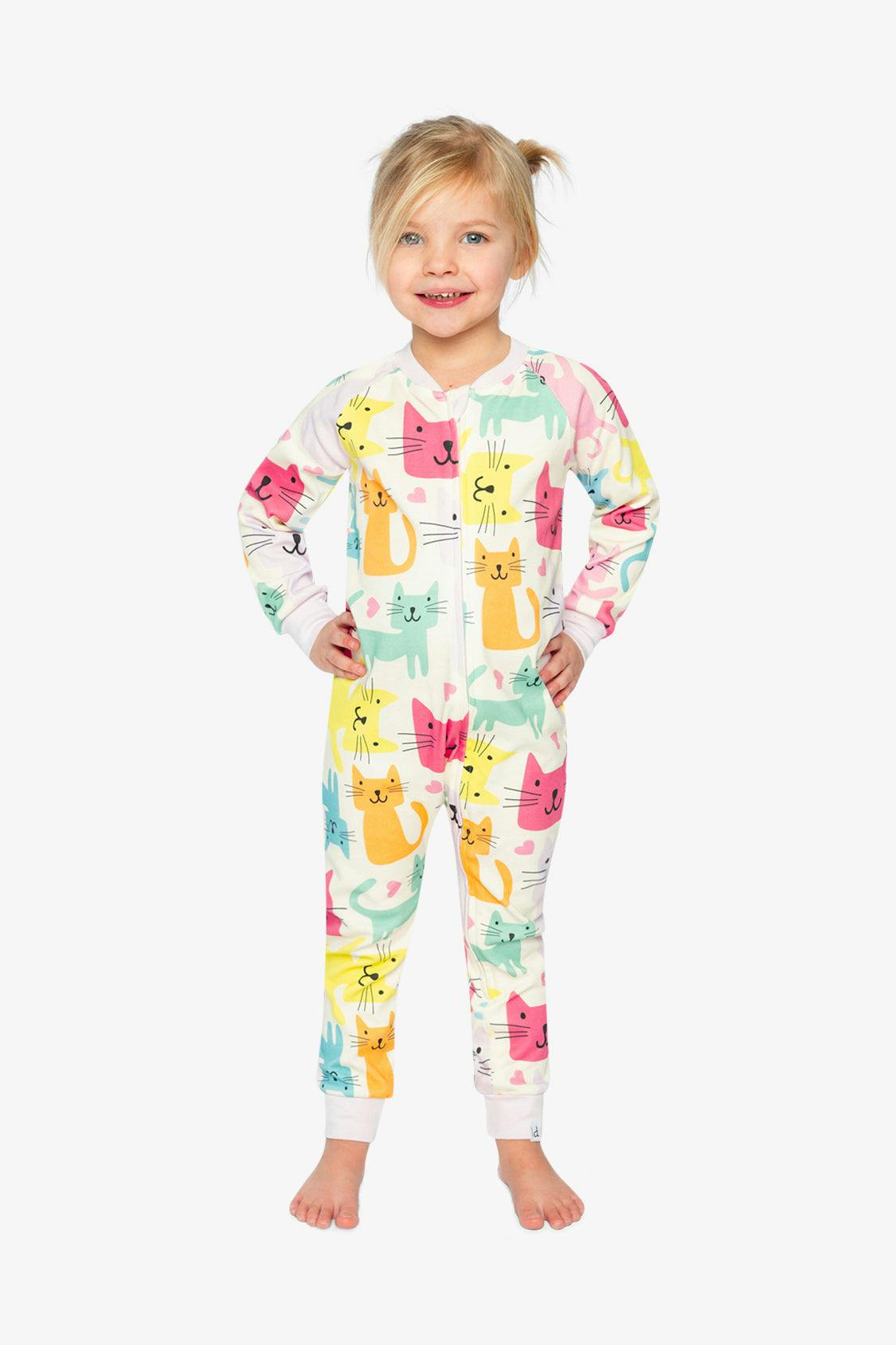 Organic Cotton One Piece Pajama White Cat Print