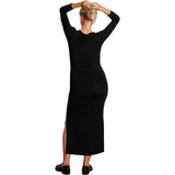Curve Flattering Fit Round Neck Long Sleeve Side Slit Maternity Dress, Black
