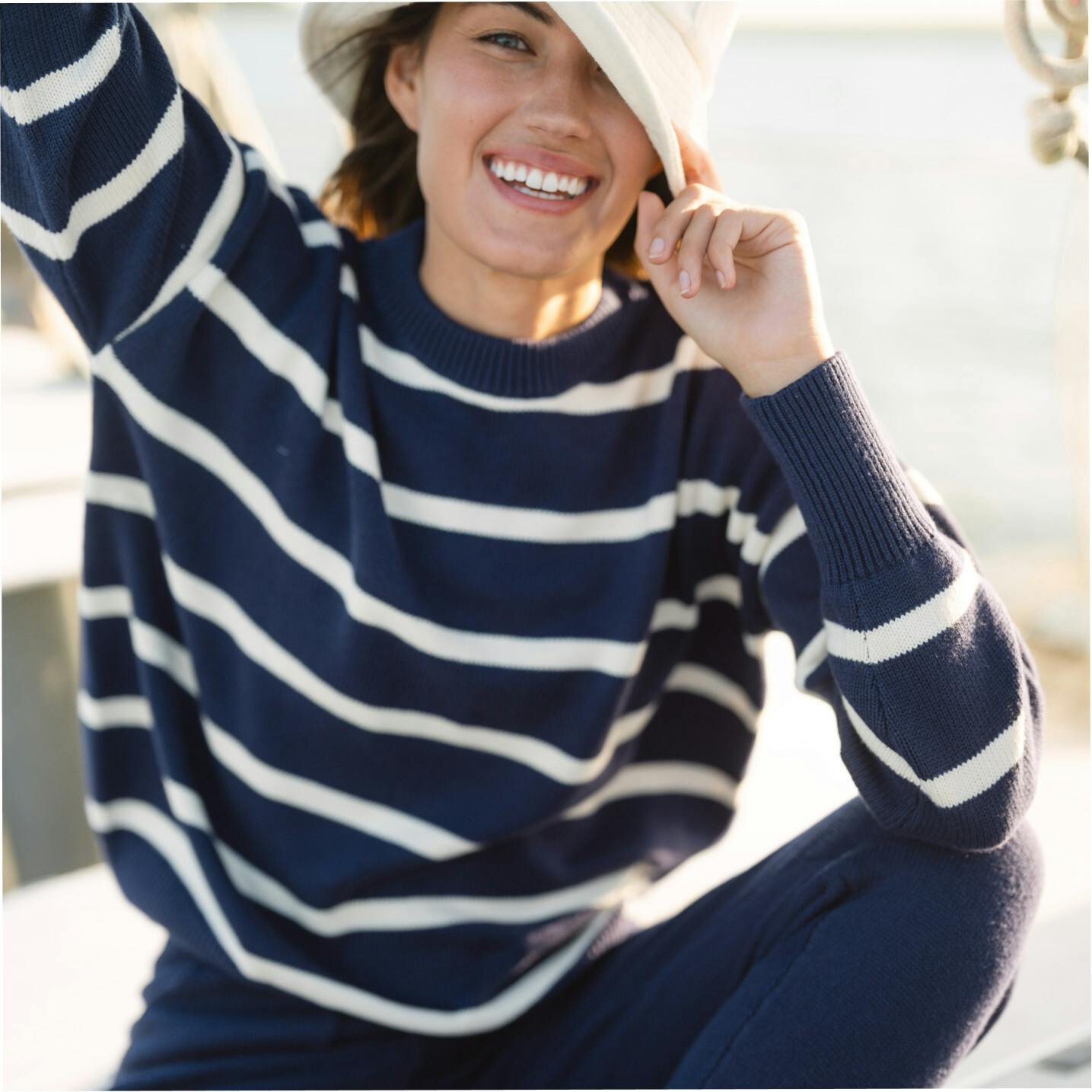 Women's Navy And Cream Wide Stripe Knit Sweater