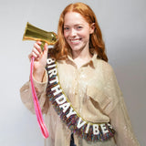 Packed Party Birthday Vibes Tinsel and Glitter Party Sash – 60 Inch Multicolor Tinsel Fringe with Iridescent Glitter Letters and Gold Binding Ties, One Size