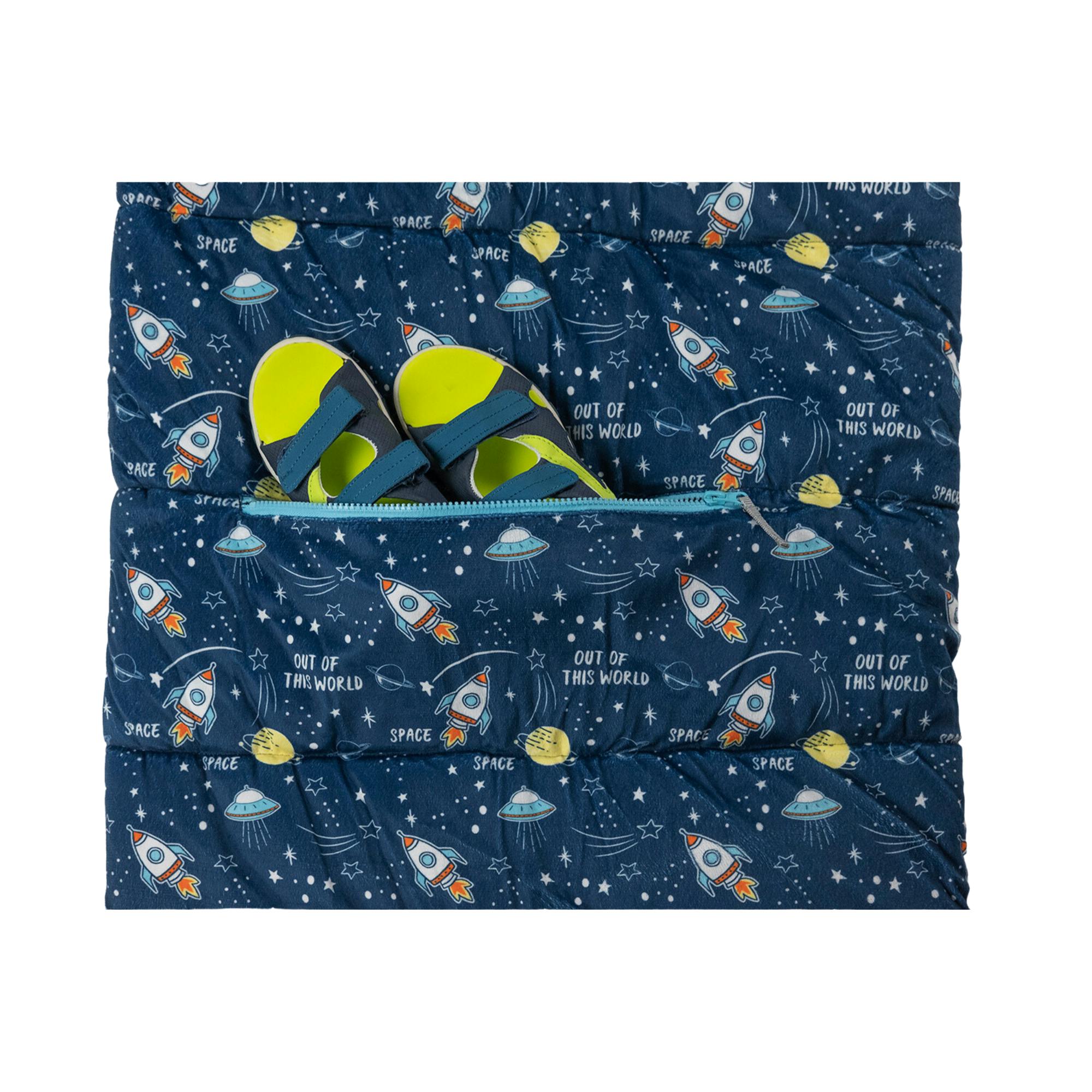 Sleep-n-Pack: Packable Little Kid's Sleeping Bag & Backpack, Cozy Mink, Space & Rockets