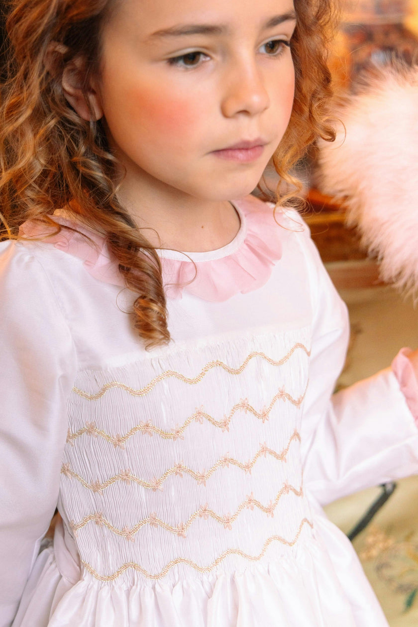 Sofia White Taffeta Long Sleeve Smocked Dress