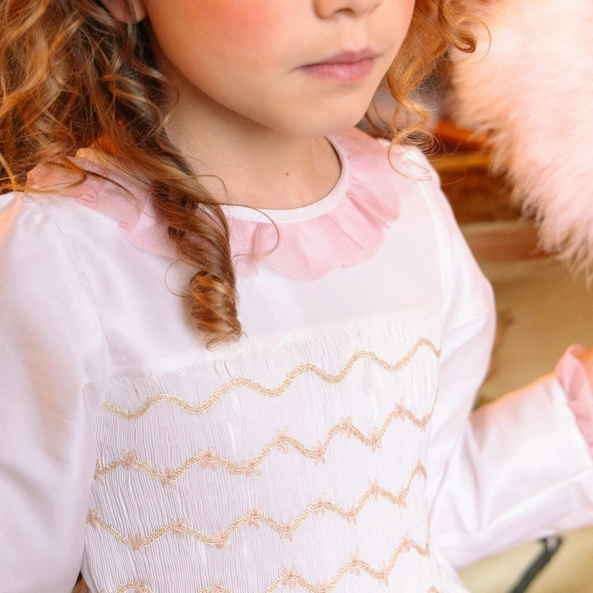 Sofia White Taffeta Long Sleeve Smocked Dress