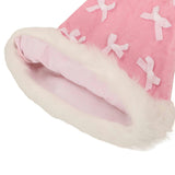 Packed Party Pink Velvet and Bows Santa Hat - Pastel Pink Plush Trim Santa Hat with Festive Bows and Pom Pom for Christmas Parties and Gift Exchanges