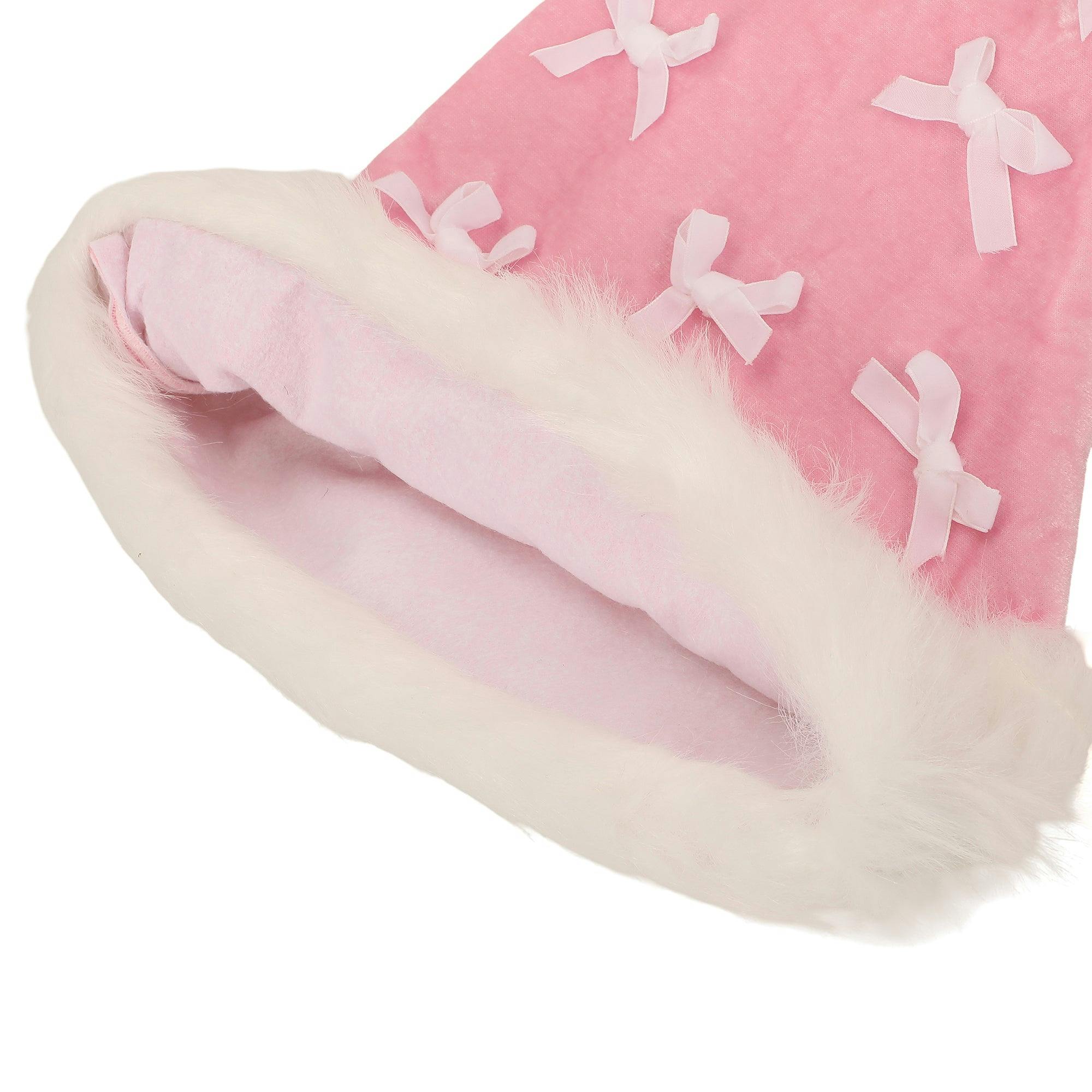 Packed Party Pink Velvet and Bows Santa Hat - Pastel Pink Plush Trim Santa Hat with Festive Bows and Pom Pom for Christmas Parties and Gift Exchanges