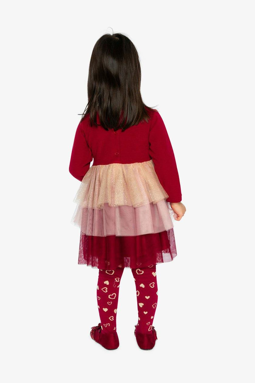 Bi-Material Dress With Glittering Skirt Red