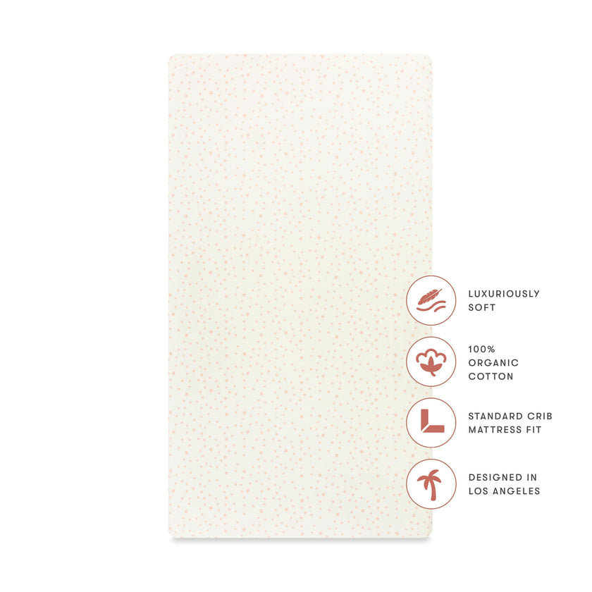 Crib Sheet in GOTS Certified Organic Brushed Cotton in Ivory with Dusty Rose Stars