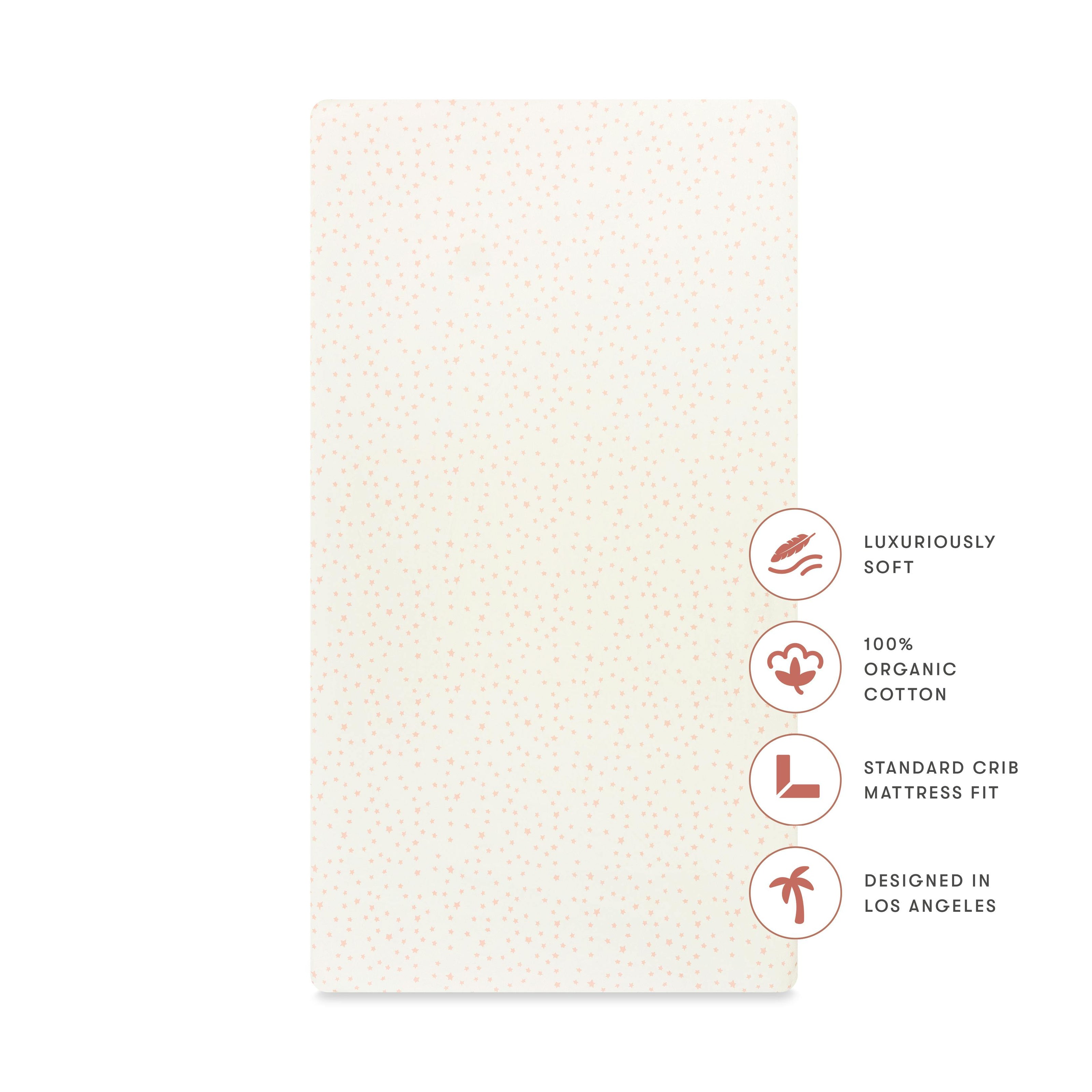 Crib Sheet in GOTS Certified Organic Brushed Cotton in Ivory with Dusty Rose Stars