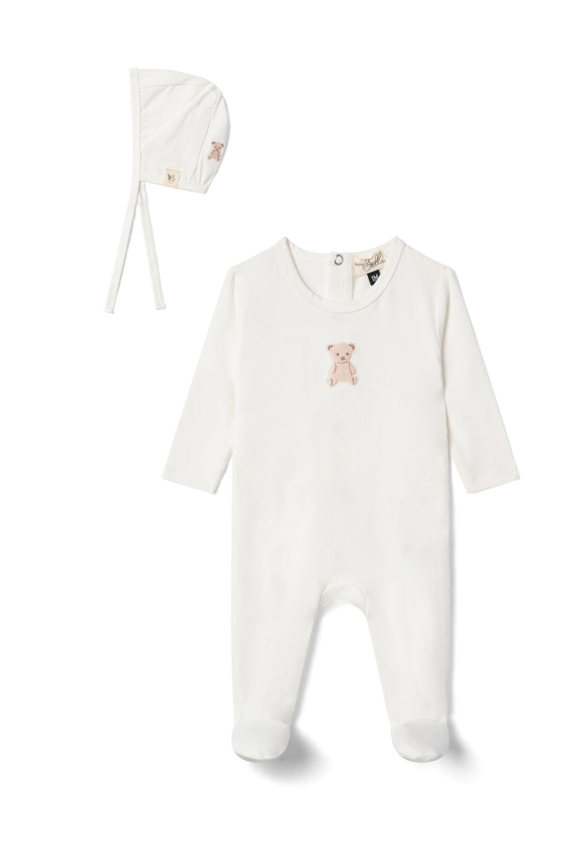 Embroidered Snap Front Romper and Bonnet Two Piece Set