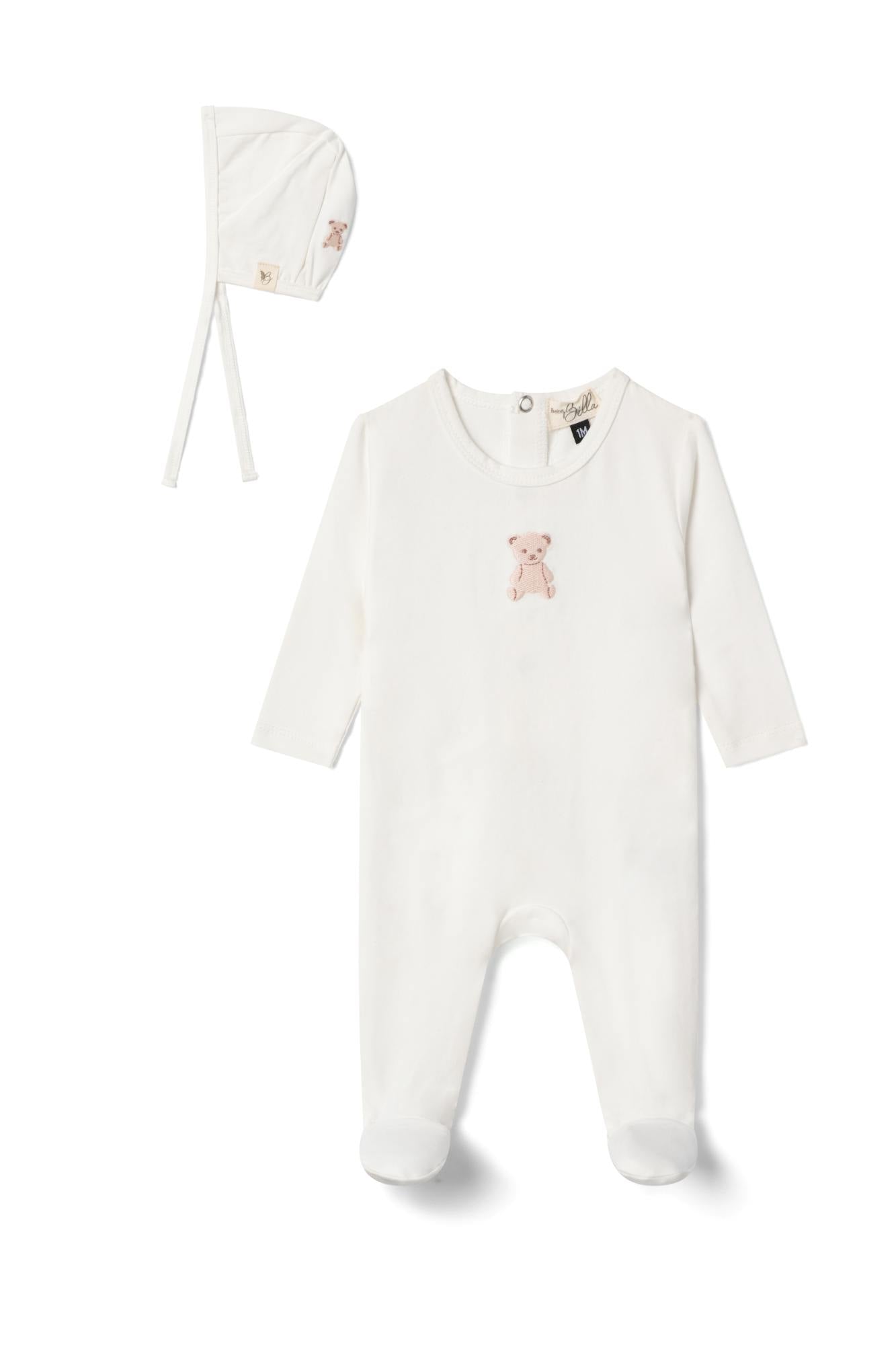 Embroidered Snap Front Romper and Bonnet Two Piece Set