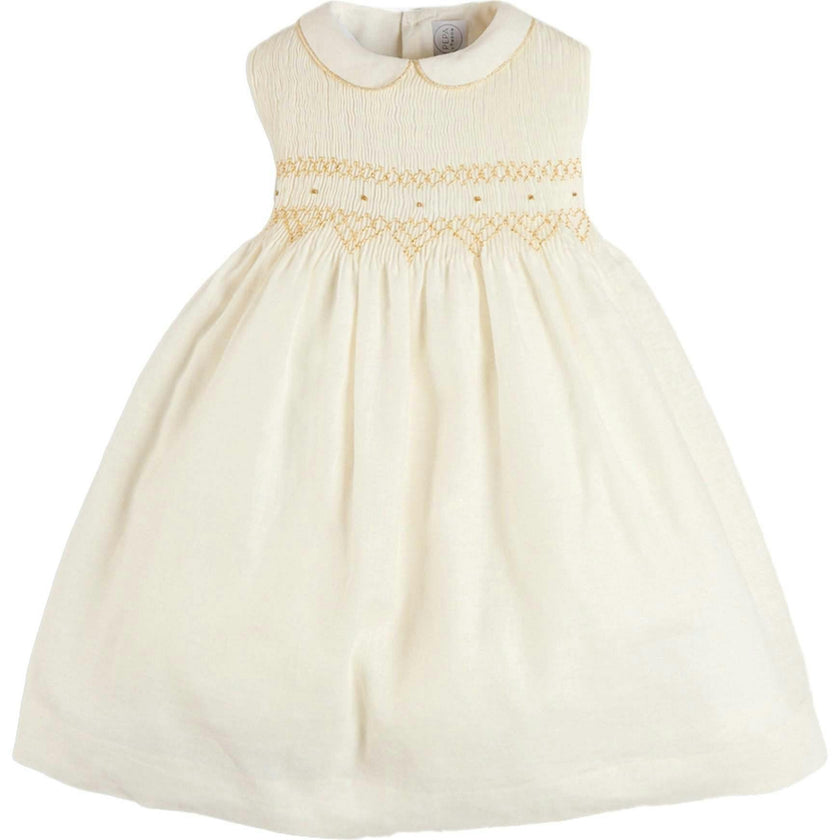 Hand Smocked Gold Embroidered Sleeveless Dress in Ivory (12mths- 10yrs)