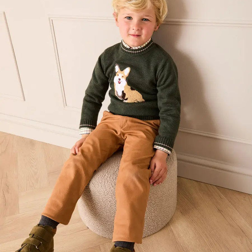Corgi Embroidered Button Detail Jumper in Green (18mths-10yrs)