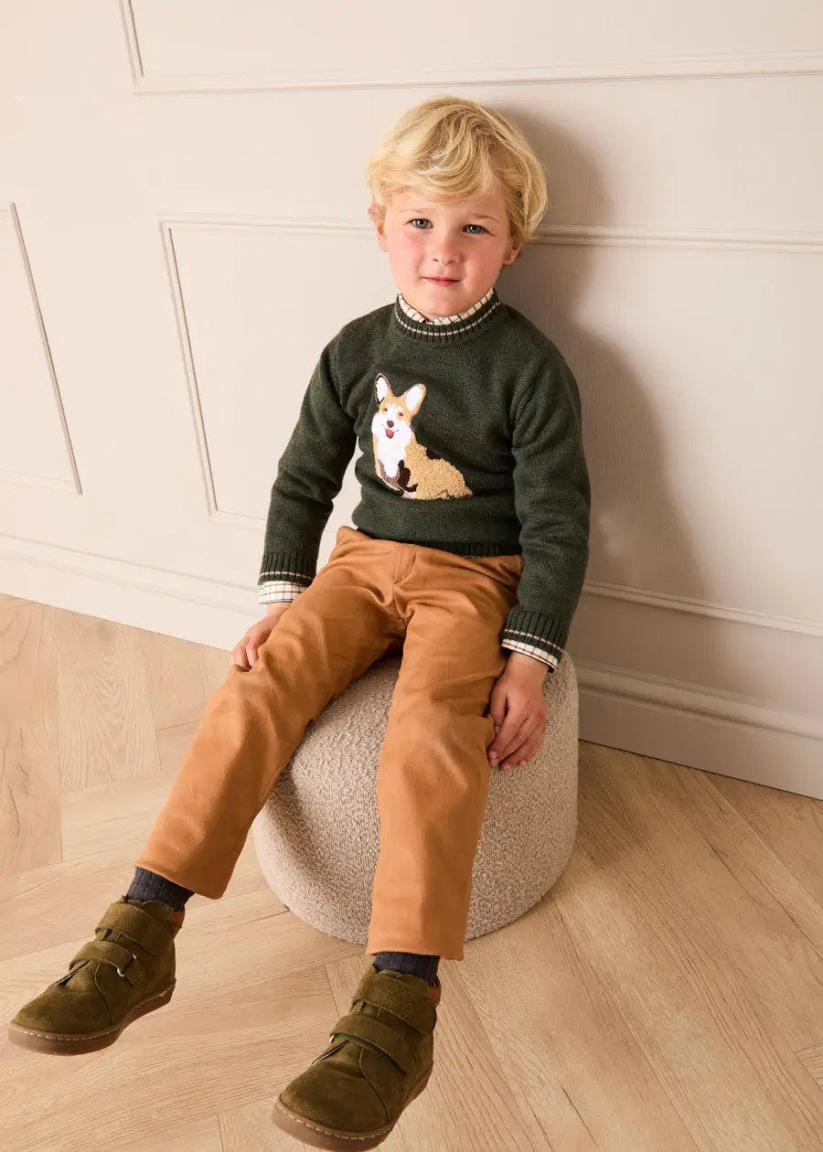 Corgi Embroidered Button Detail Jumper in Green (18mths-10yrs)