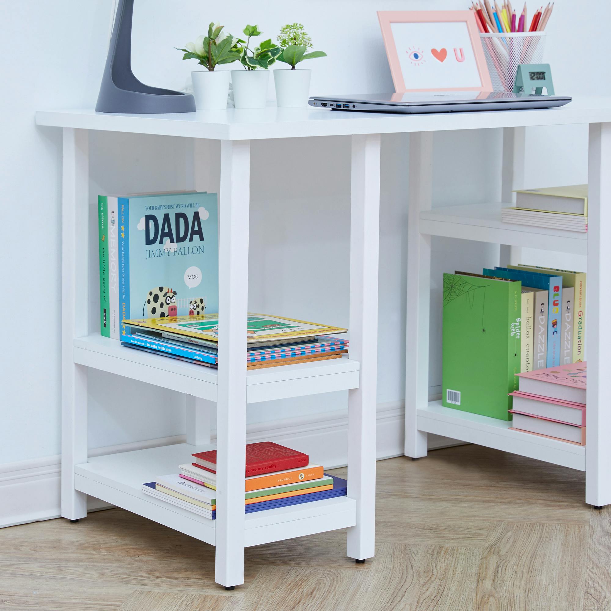 Wooden Desk & Chair Set with 4 Storage Shelves