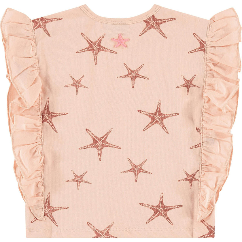 All-Over Graphic Print Side Ruffle T-Shirt