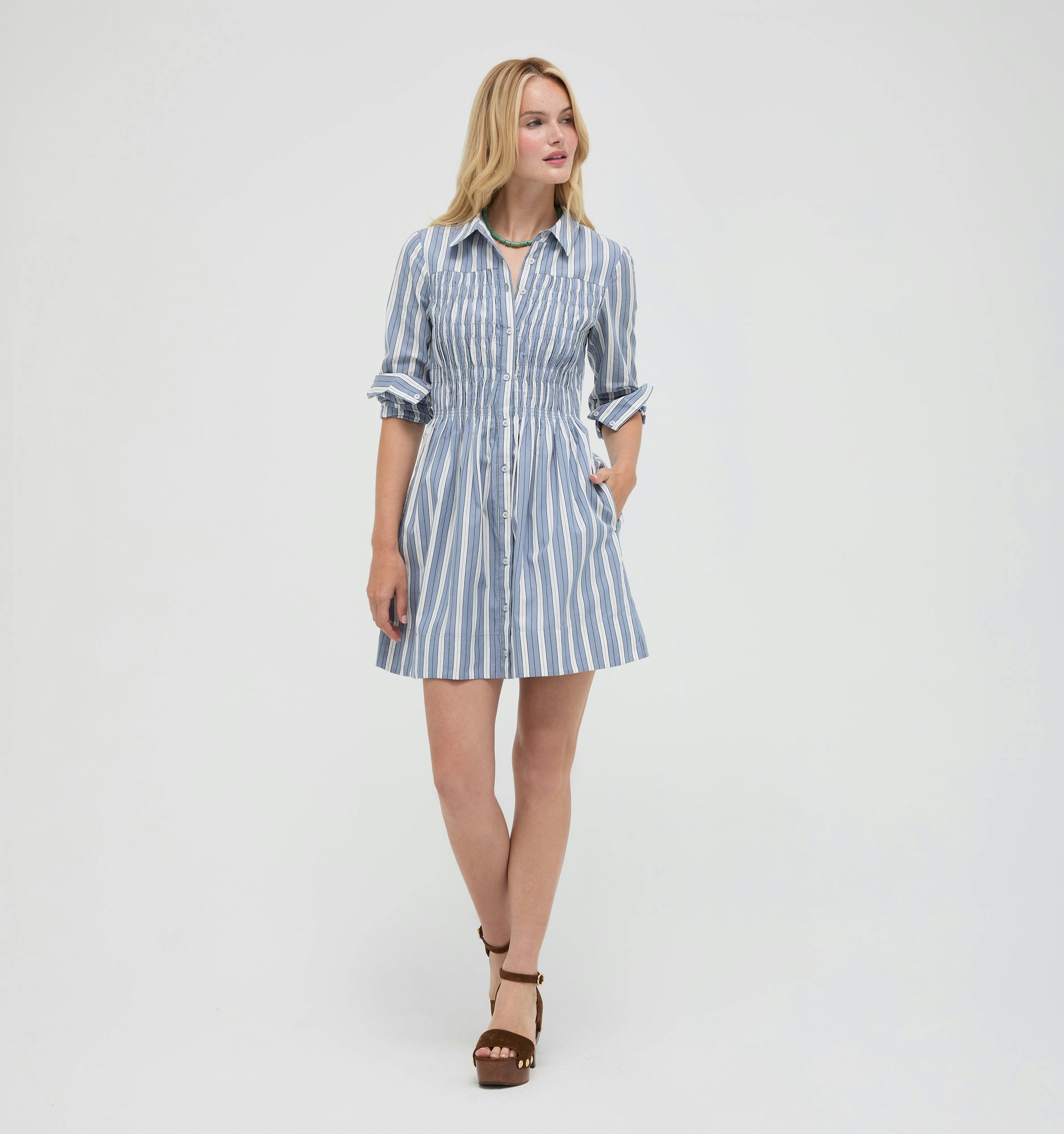 The Mira Dress -  Coln Ticking Stripe Dusty Blue