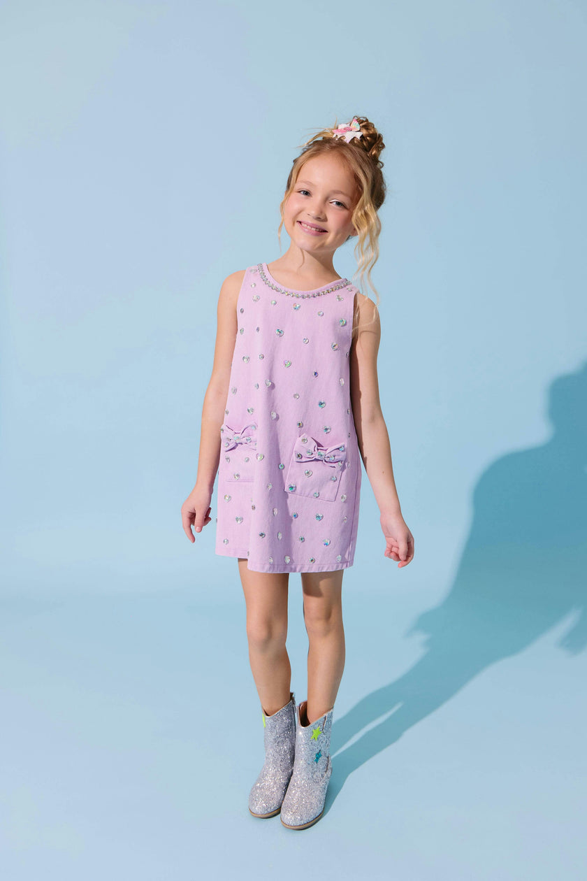 Lavender Crystal Heart Denim Bow Dress