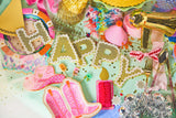Packed Party Happy Birthday Gold Shimmer Reusable Banner - 80-Inch Glitter Gold Felt Letters with Ric Rac Trim for Birthday Parties and Celebrations
