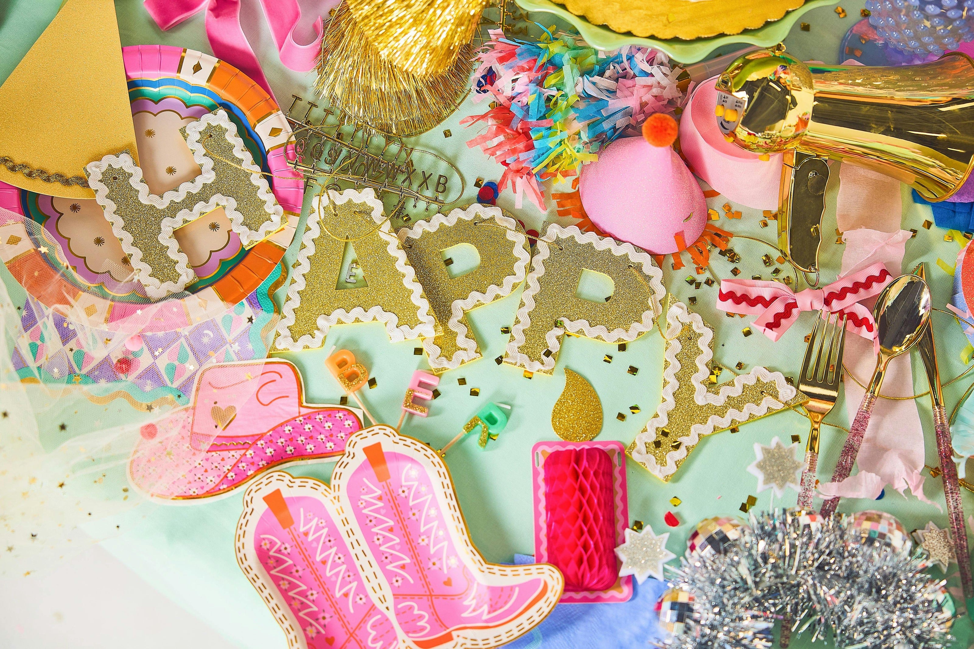 Packed Party Happy Birthday Gold Shimmer Reusable Banner - 80-Inch Glitter Gold Felt Letters with Ric Rac Trim for Birthday Parties and Celebrations