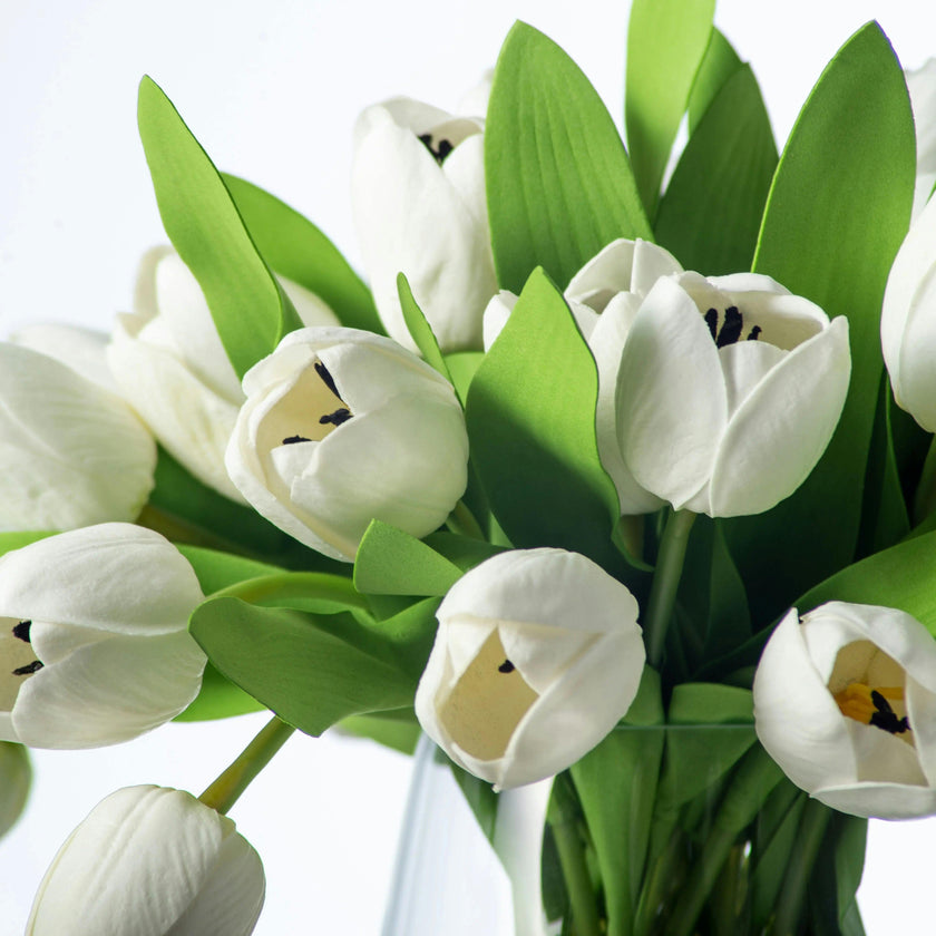 Real Touch White Tulip Faux Floral Everyday Spring Water Illusion Arrangement in Glass Teardrop Vase - Available in Multiple Colors