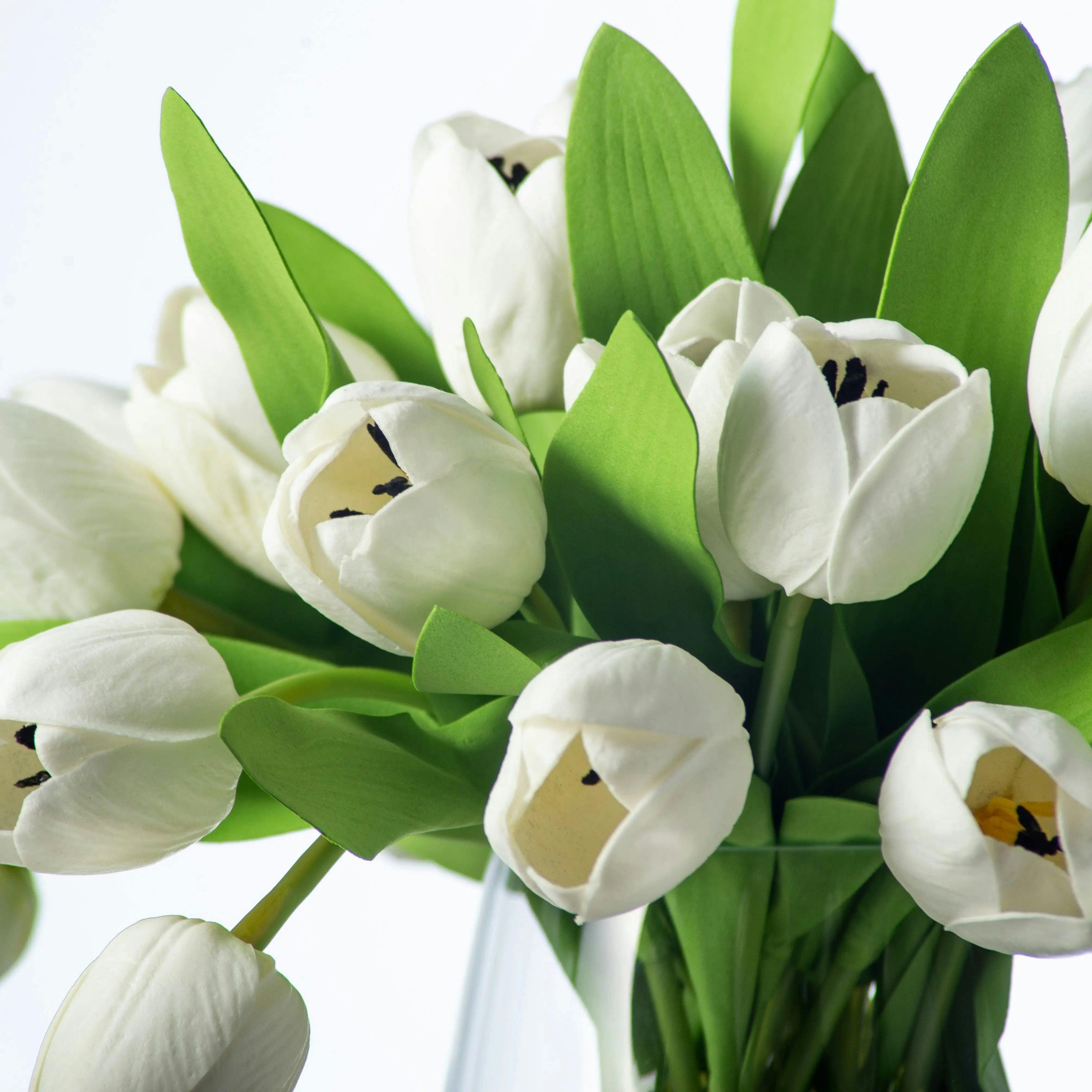 Real Touch White Tulip Faux Floral Everyday Spring Water Illusion Arrangement in Glass Teardrop Vase - Available in Multiple Colors