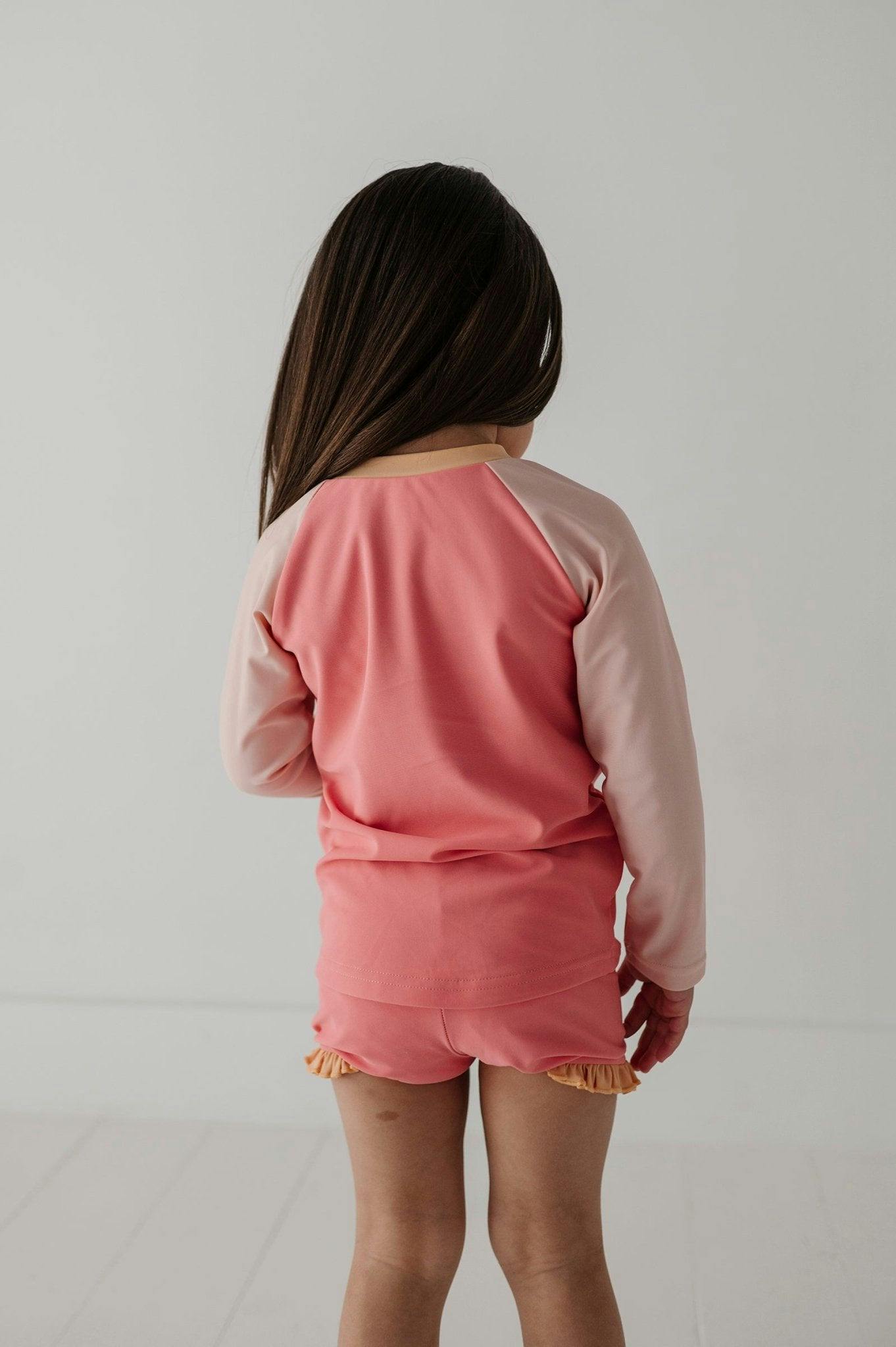 Girls Zip Rash Guard Two-Piece Swimsuit in Strawberry Ice Colorblock