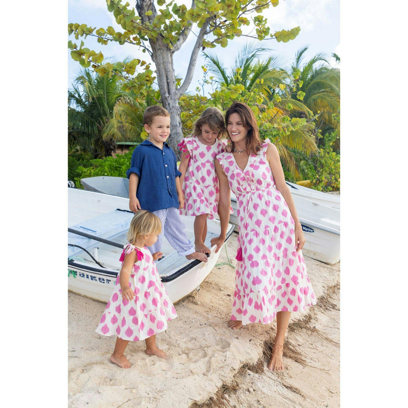 Bella Girl's Shoulder Tie Sundress White Pink Ikat, White