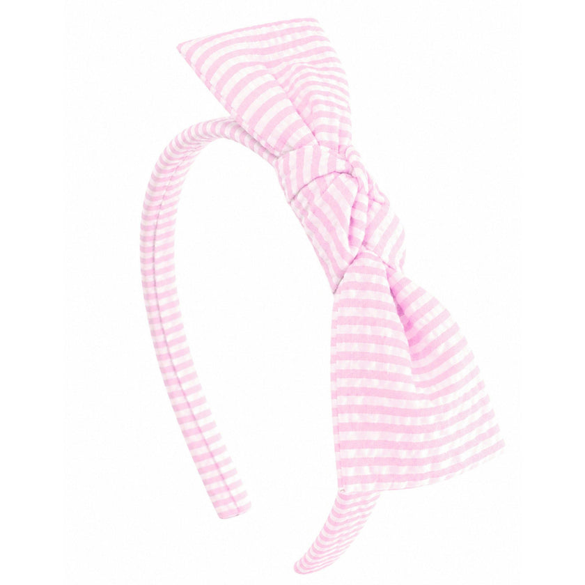 Seersucker Bow Headband in Pink/White