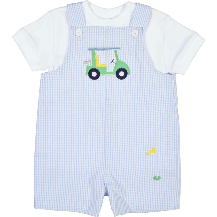 Check Seersucker Shortall With Golf Cart