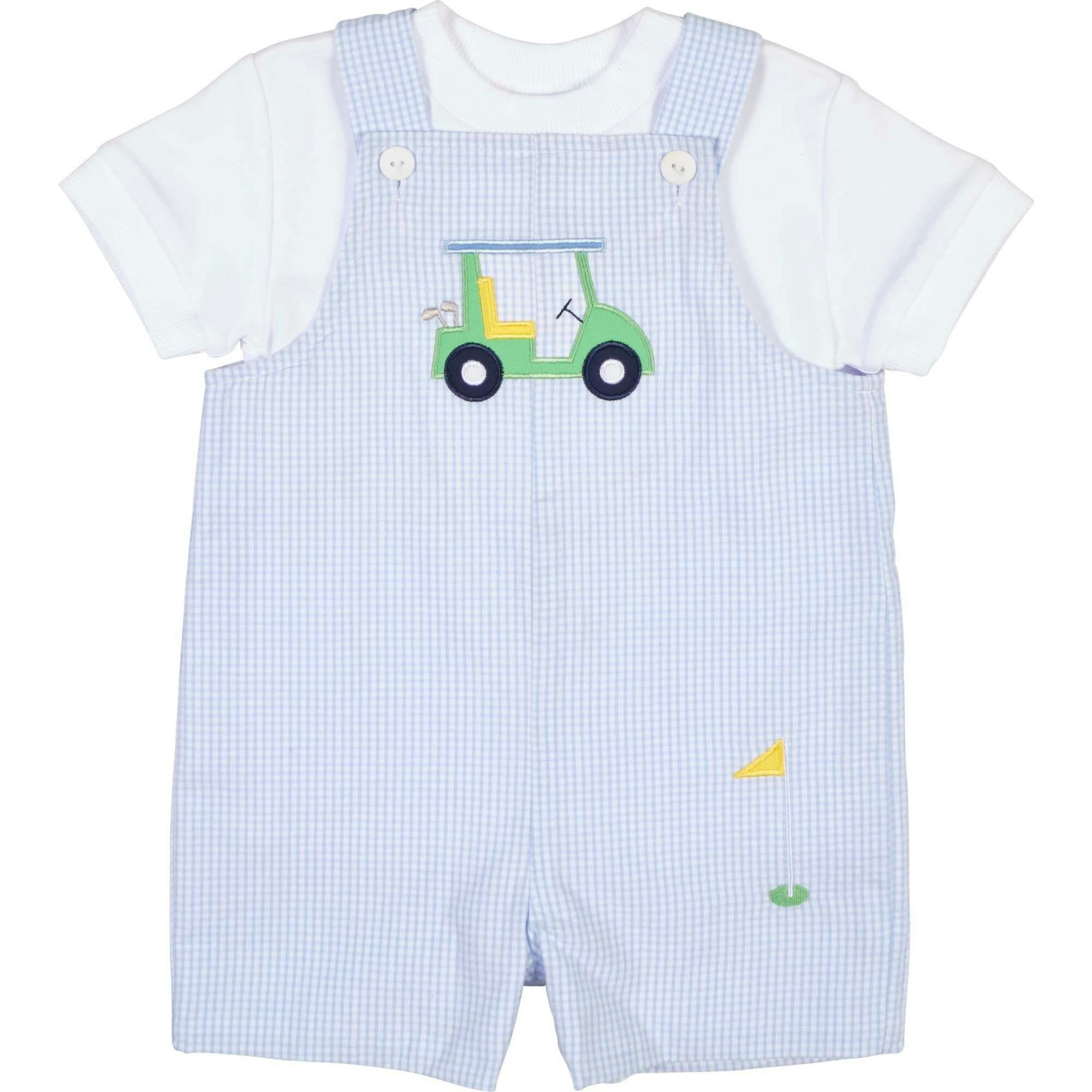 Check Seersucker Shortall With Golf Cart
