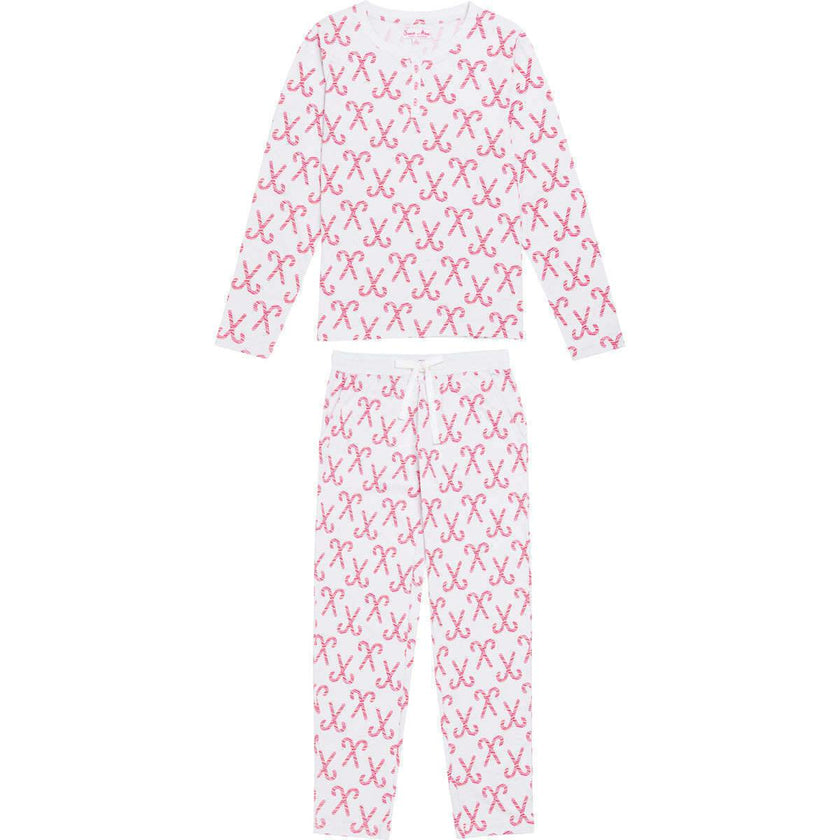 Women's Candy Cane Long PJ Set - Red White Organic Stretch Jersey Knit Cotton