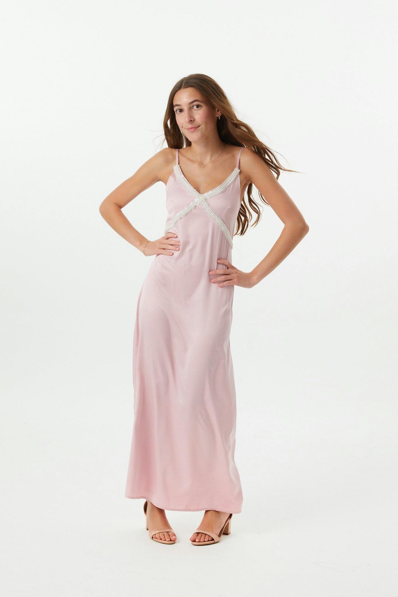 Miller Mauve Satin Maxi Dress With Lace Trim
